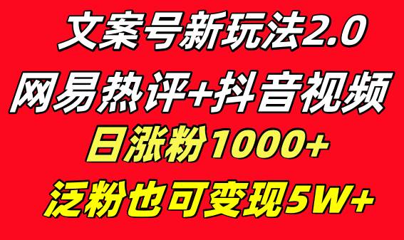 文案号新玩法 网易热评+抖音文案 一天涨粉1000+ 多种变现模式 泛粉也可变现网创吧-网创项目资源站-副业项目-创业项目-搞钱项目网创吧