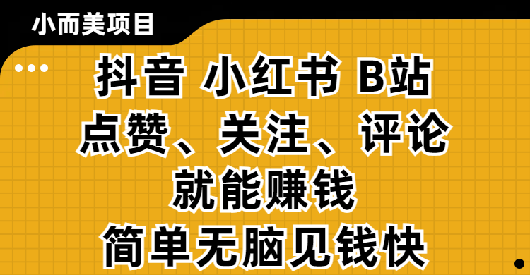 小而美的项目，抖音、小红书、B站视频点赞、关注、评论就能赚钱，简单无脑立见收益！妥妥的零撸项目网创吧-网创项目资源站-副业项目-创业项目-搞钱项目网创吧